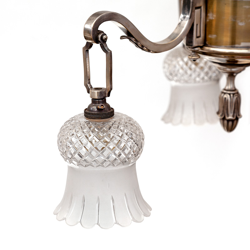 Edwardian Pendant Light with Three Scrolling Arms and Thistle Shaped Glass Shades