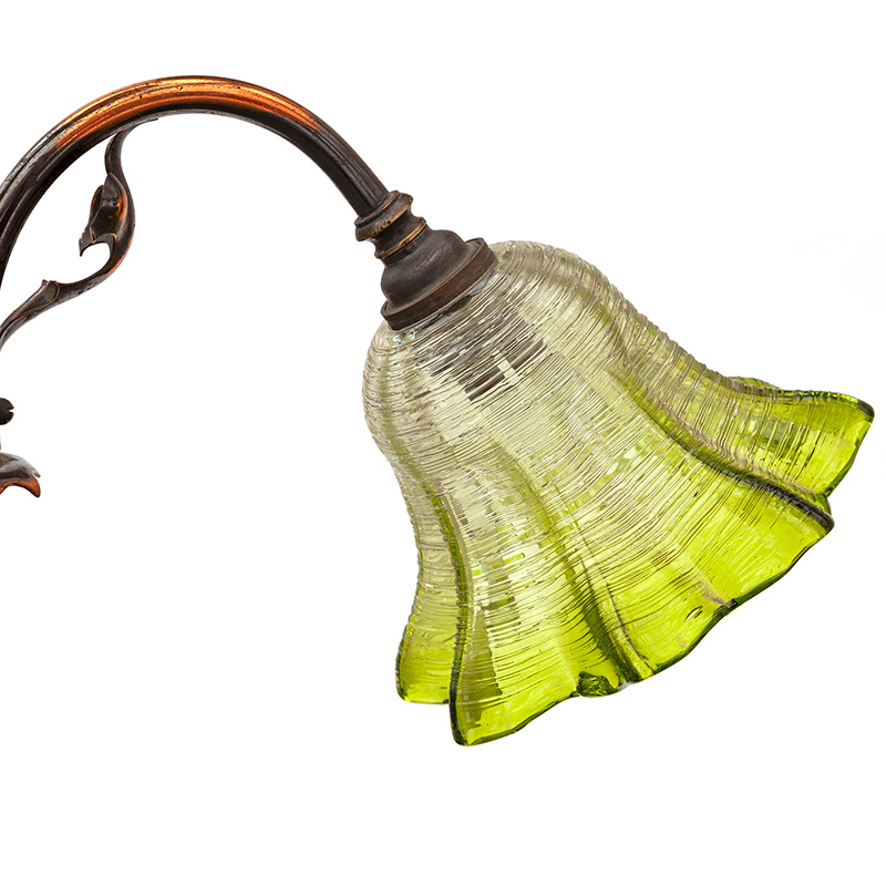 Art Nouveau Three Light Chandelier of Organic Form with Clear and Green Glass Shades