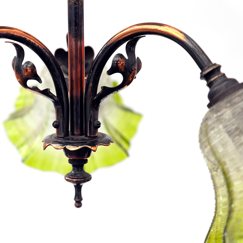 Art Nouveau Three Light Chandelier of Organic Form with Clear and Green Glass Shades