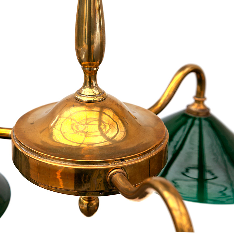 Art Deco Three Light Brass Chandelier with Green and Opal Lined Glass Shades