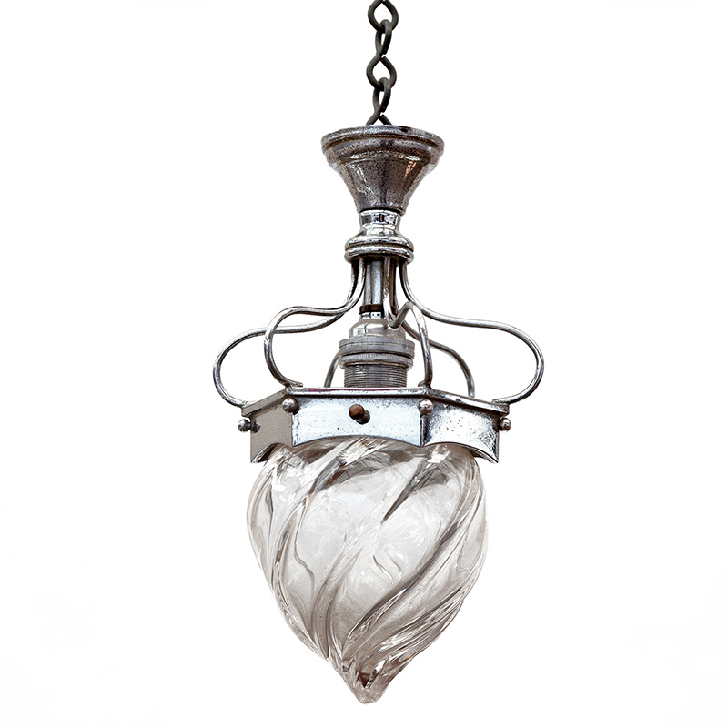 Pair of Art Nouveau Chrome Ceiling Pendant Lights with Glass Shades