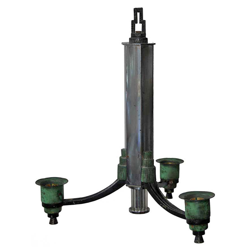 Odeon Art Deco candelabra with original chrome and painted green patina (Sold as a pair). (c.1925).