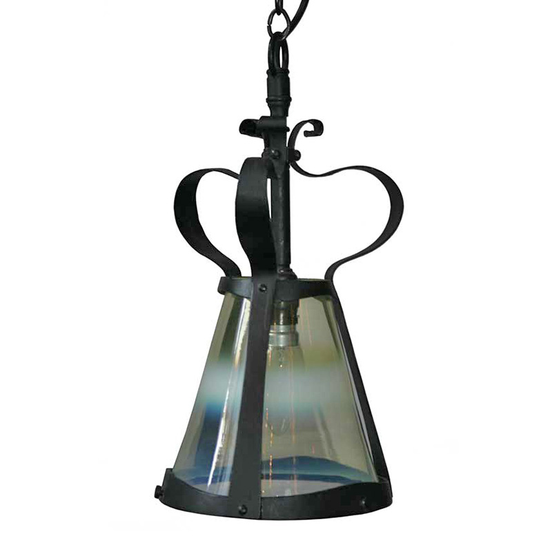 Antique Art Nouveau wrought iron lantern fitted with a green vaseline glass liner.