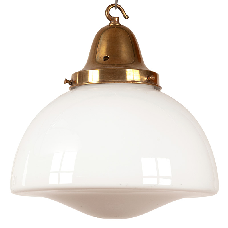 Pair of Art Deco Ceiling Pendant Lights with Brass Galleries and Opaline Glass Covers