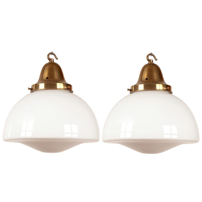 Pair of Art Deco Ceiling Pendant Lights with Brass Galleries and Opaline Glass Covers