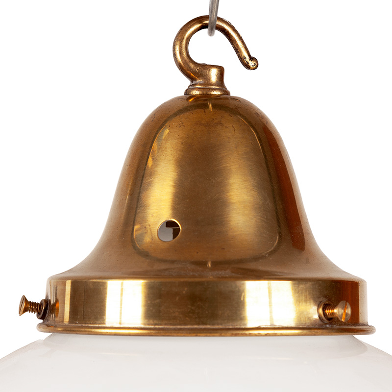 Pair of Art Deco Ceiling Pendant Lights with Brass Galleries and Opaline Glass Covers