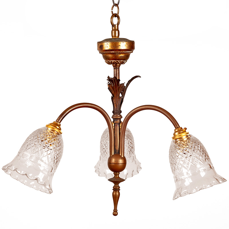 Decorative Edwardian Gilded and Patinated Brass Three Light Ceiling Pendant Light
