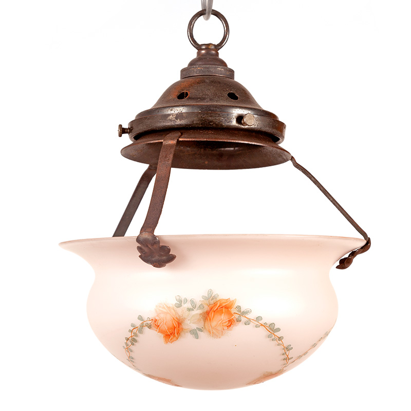 Art Deco Ceiling Pendant with Triple Patinated Suspensions Supporting Hand Painted Pink Shade