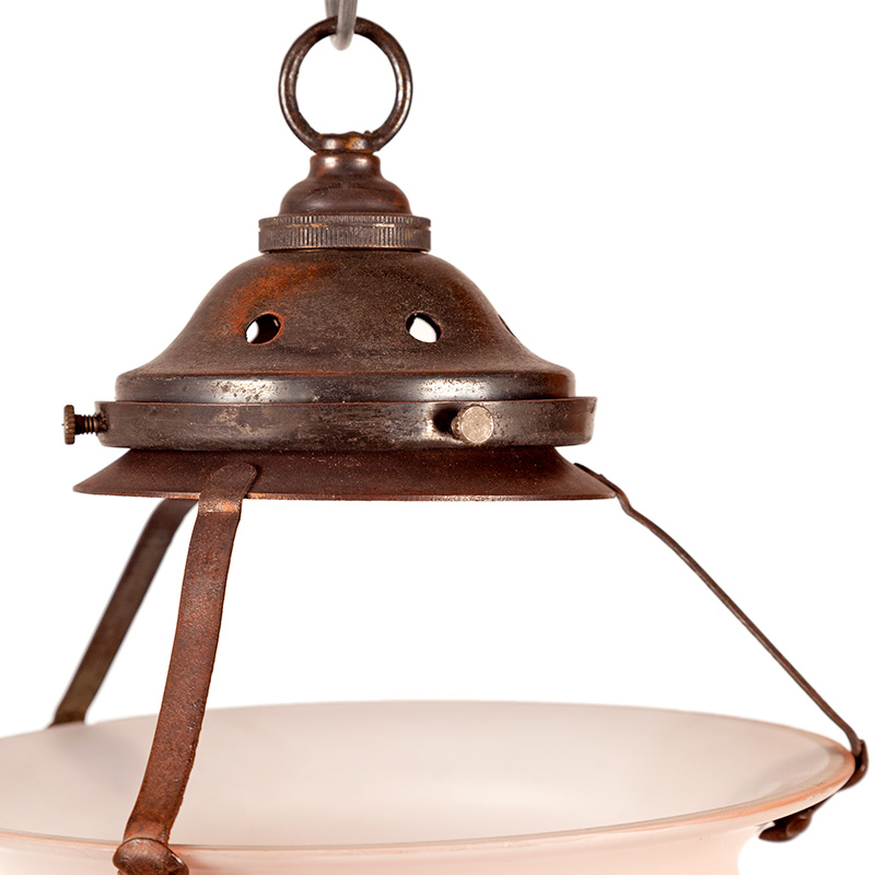 Art Deco Ceiling Pendant with Triple Patinated Suspensions Supporting Hand Painted Pink Shade