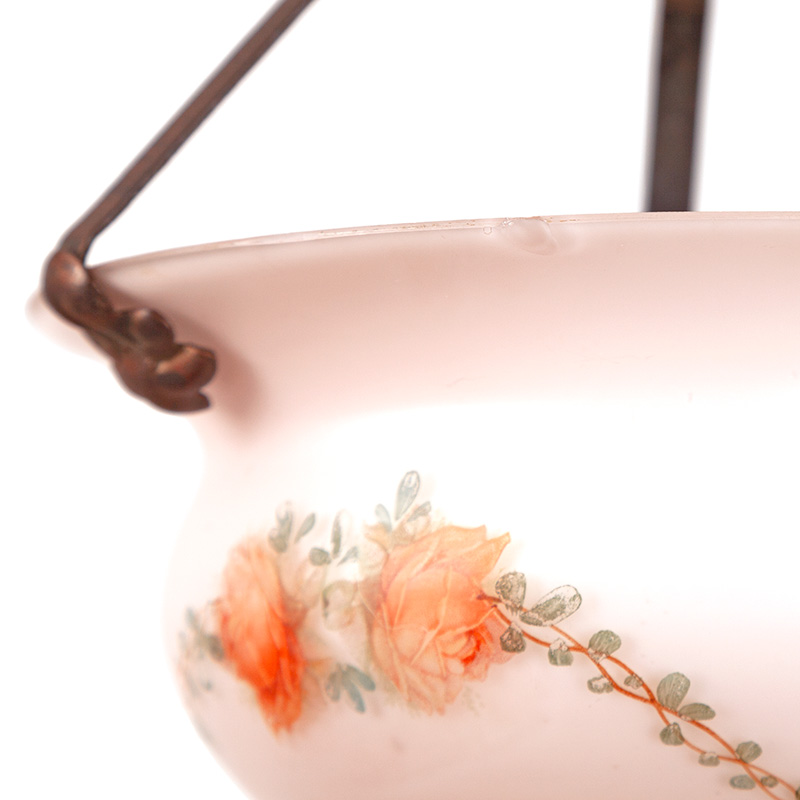 Art Deco Ceiling Pendant with Triple Patinated Suspensions Supporting Hand Painted Pink Shade