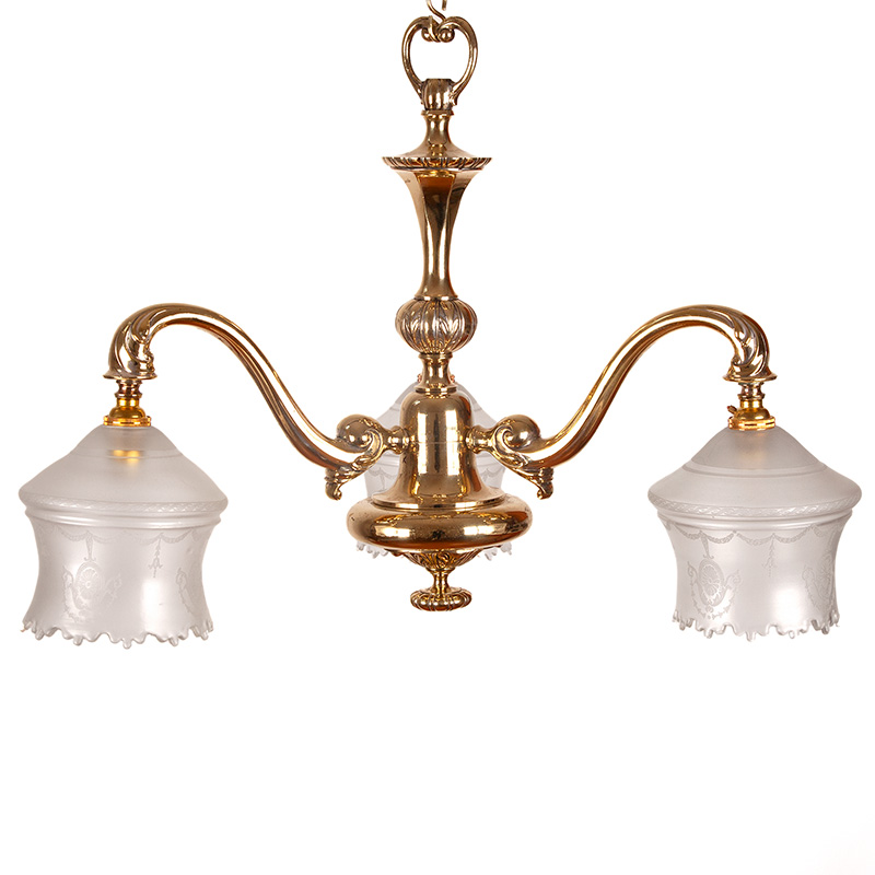 Edwardian Cast Brass Ceiling Pendant Light with Three Scrolling Branches and Frosted Glass Shades 