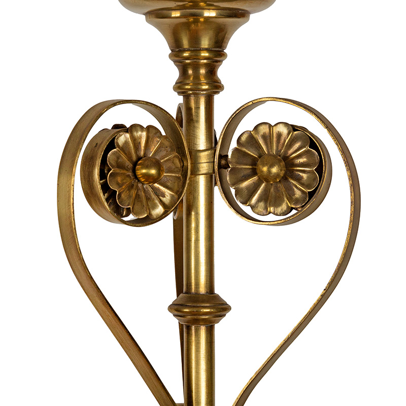 Edwardian Brass Ceiling Pendant in the Form of S Shaped Mounts with Orange Glass Shade