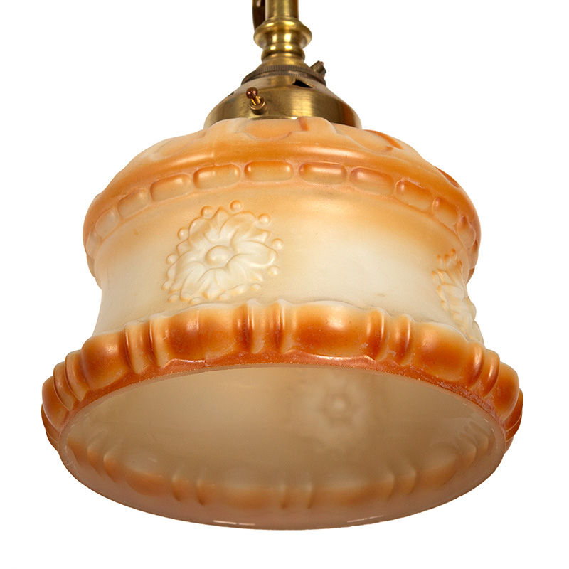 Edwardian Brass Ceiling Pendant in the Form of S Shaped Mounts with Orange Glass Shade