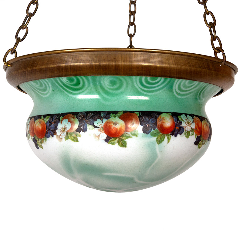 Art Deco Bowl shaped Glass Ceiling Pendant Decorated with Fruit and Further Stylised Motifs