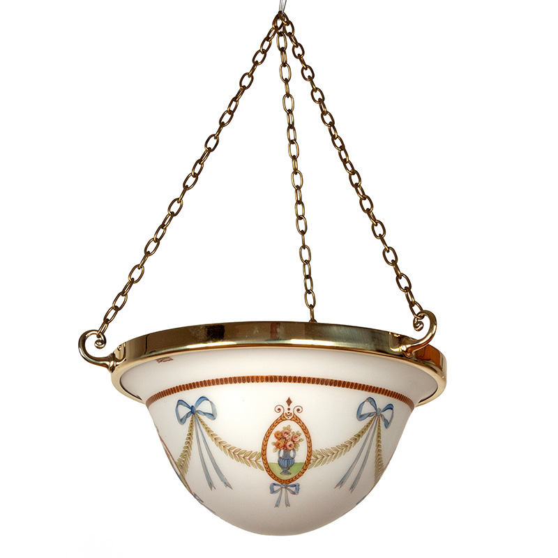 Art Deco Bowl Shaped Glass Ceiling Pendant Decorated with Ribbon Tied Leafy Swags