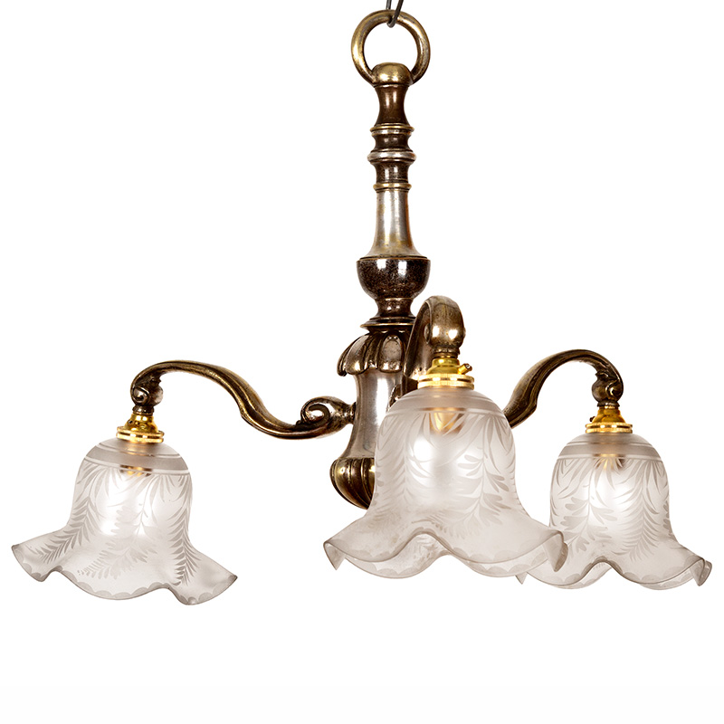 Edwardian Silver Plated Cast Brass Ceiling Pendant Light with Three Scrolling Arms