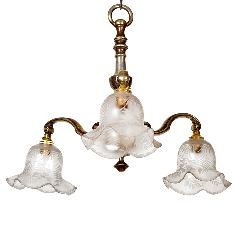 Edwardian Silver Plated Cast Brass Ceiling Pendant Light with Three Scrolling Arms