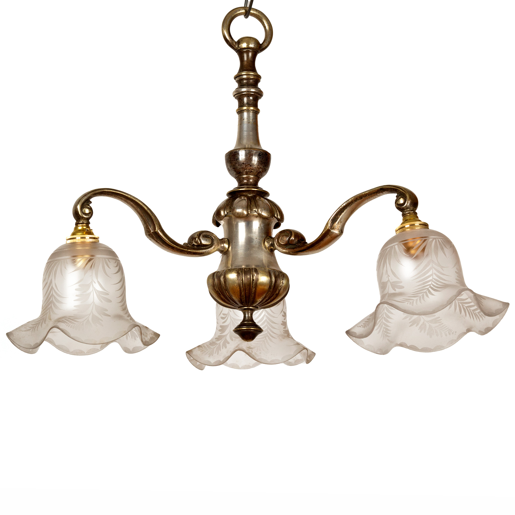 Edwardian Silver Plated Cast Brass Ceiling Pendant Light with Three Scrolling Arms