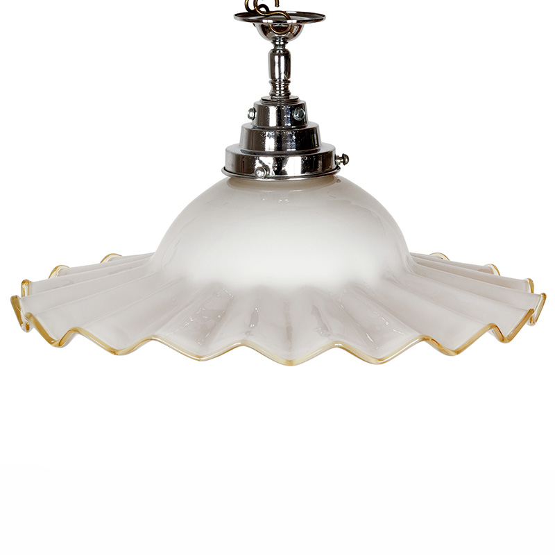 Art Deco Ceiling Pendant Light with Large Fluted Opal Gold Trimmed Glass Shade