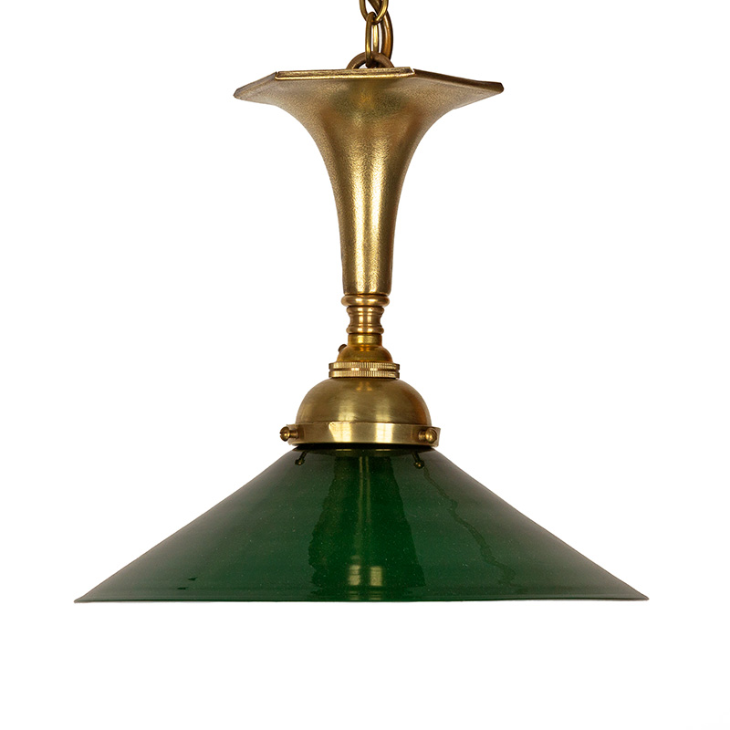 Art Deco Brass Ceiling Pendant with Green and Opal Coolie Shaped Glass Shade
