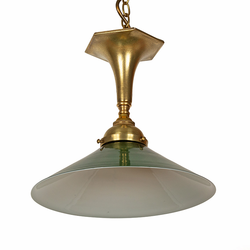 Art Deco Brass Ceiling Pendant with Green and Opal Coolie Shaped Glass Shade
