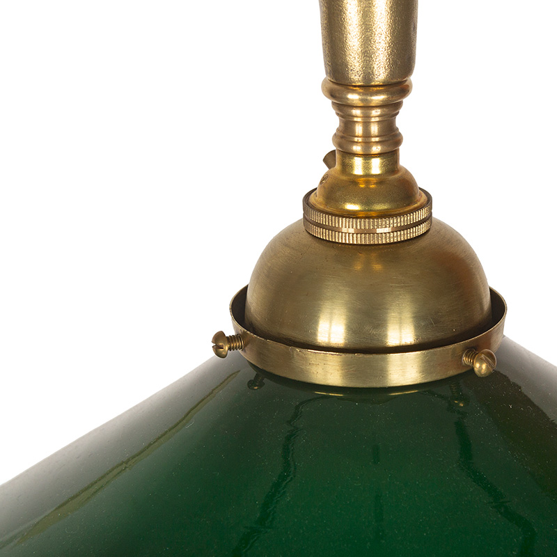 Art Deco Brass Ceiling Pendant with Green and Opal Coolie Shaped Glass Shade