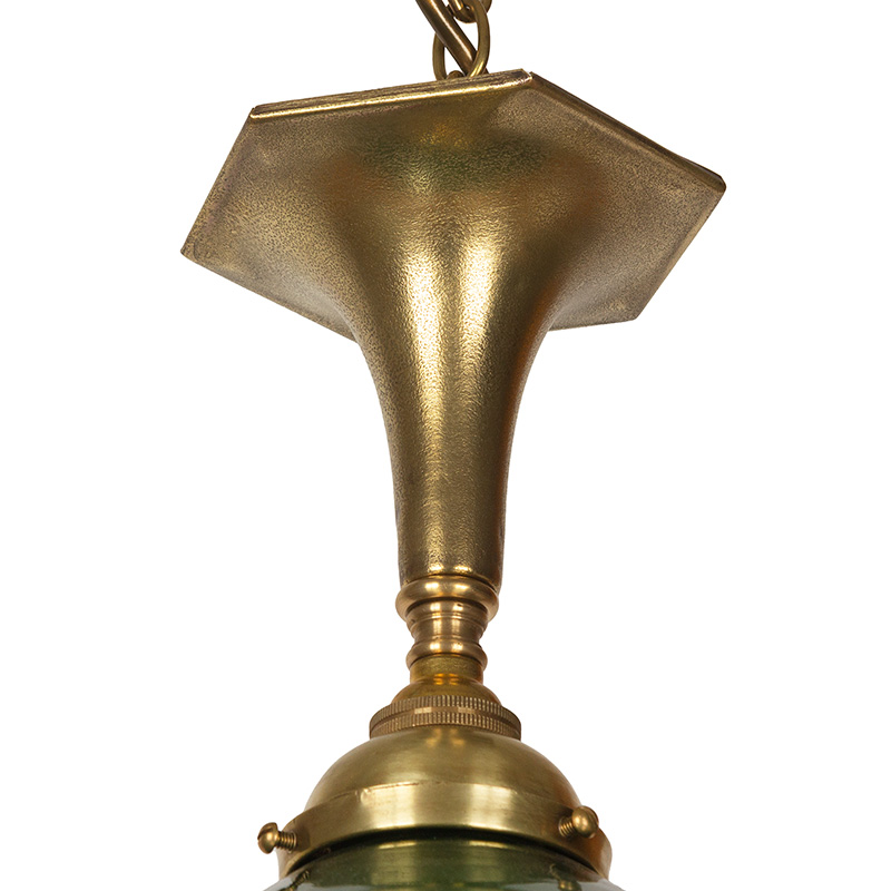 Art Deco Brass Ceiling Pendant with Green and Opal Coolie Shaped Glass Shade