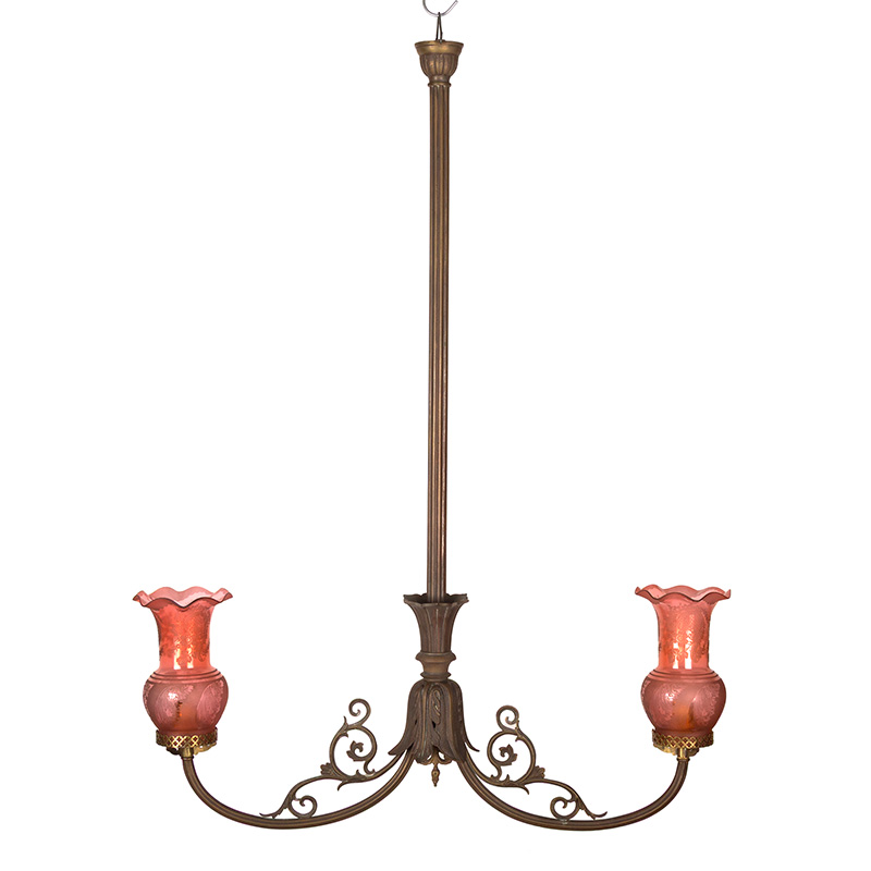 Victorian Brass Converted Gas Ceiling Pendant Light with Cranberry Glass Shades