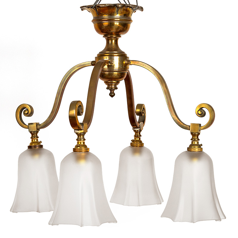 Art Deco Scrolling Arm Ceiling Pendant with Four Frosted and Fluted Glass Shades (c.1920).