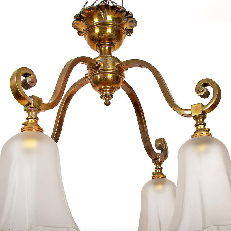 Art Deco Scrolling Arm Ceiling Pendant with Four Frosted and Fluted Glass Shades