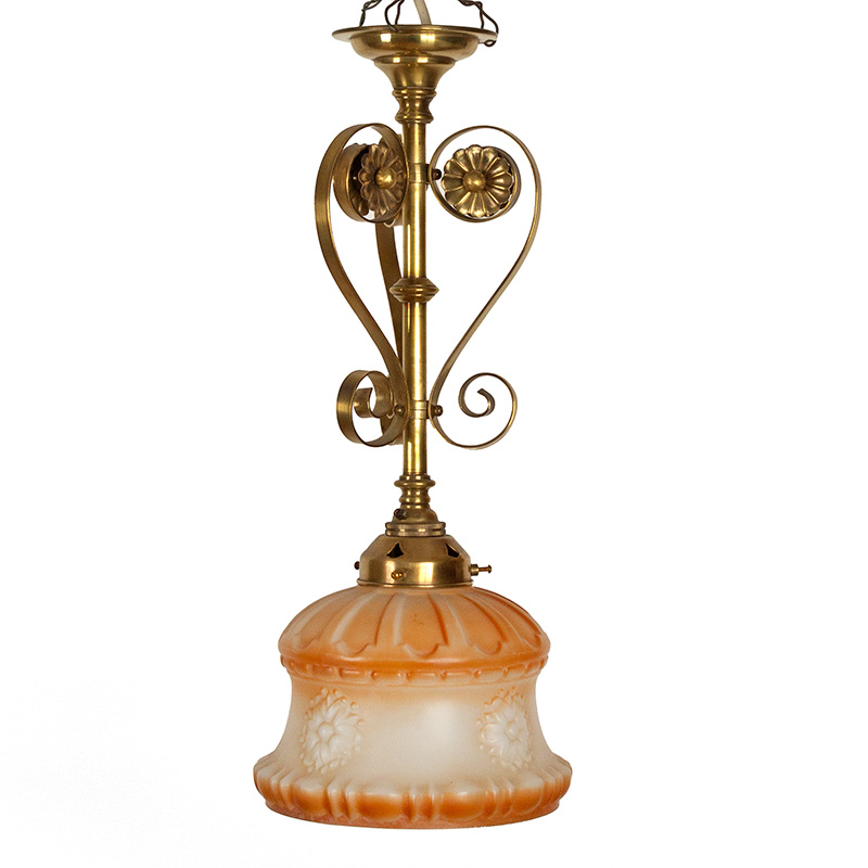 Edwardian Brass Ceiling Pendant in the Form of S Shaped Mounts with Orange Glass Shade (c.1910)