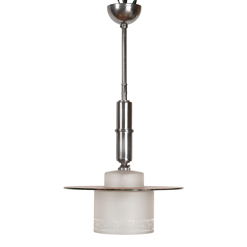 Art Deco Chromium Plated Brass Ceiling Pendant Light with Frosted Glass Shade Decorated with Geometric Motifs