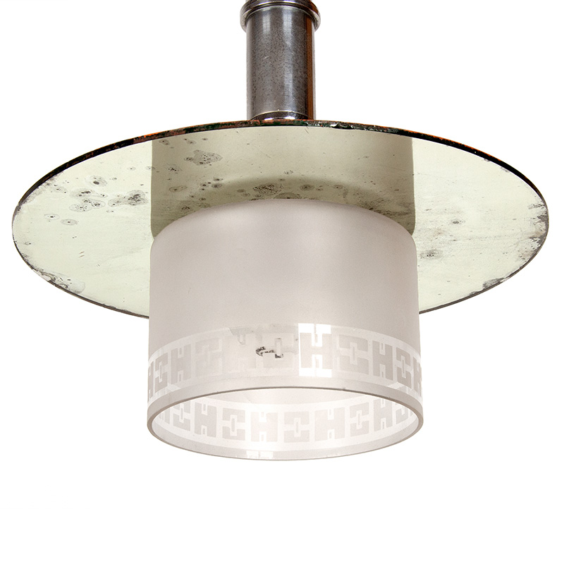 Art Deco Chromium Plated Brass Ceiling Pendant Light with Frosted Glass Shade Decorated with Geometric Motifs