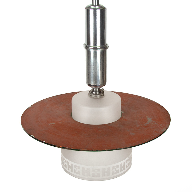 Art Deco Chromium Plated Brass Ceiling Pendant Light with Frosted Glass Shade Decorated with Geometric Motifs