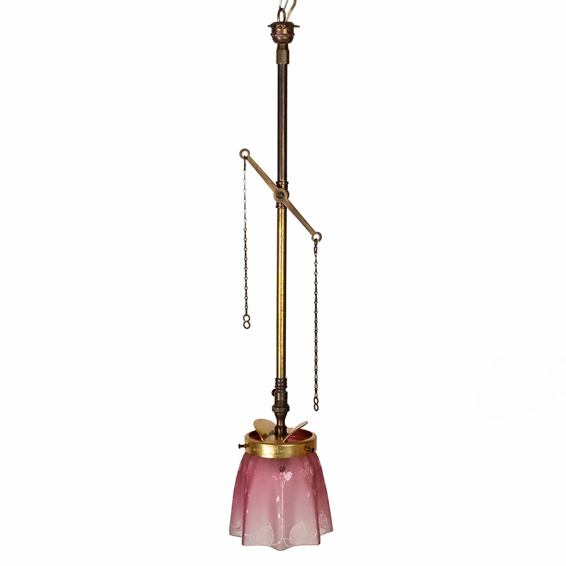 Victorian Converted Brass Gas Pendant Ceiling Light with Fluted Crangerry Glass Shade