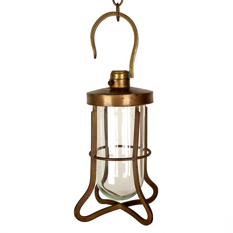 Art Deco Patinated Brass Ship’s Lantern with Clear Glass Cover