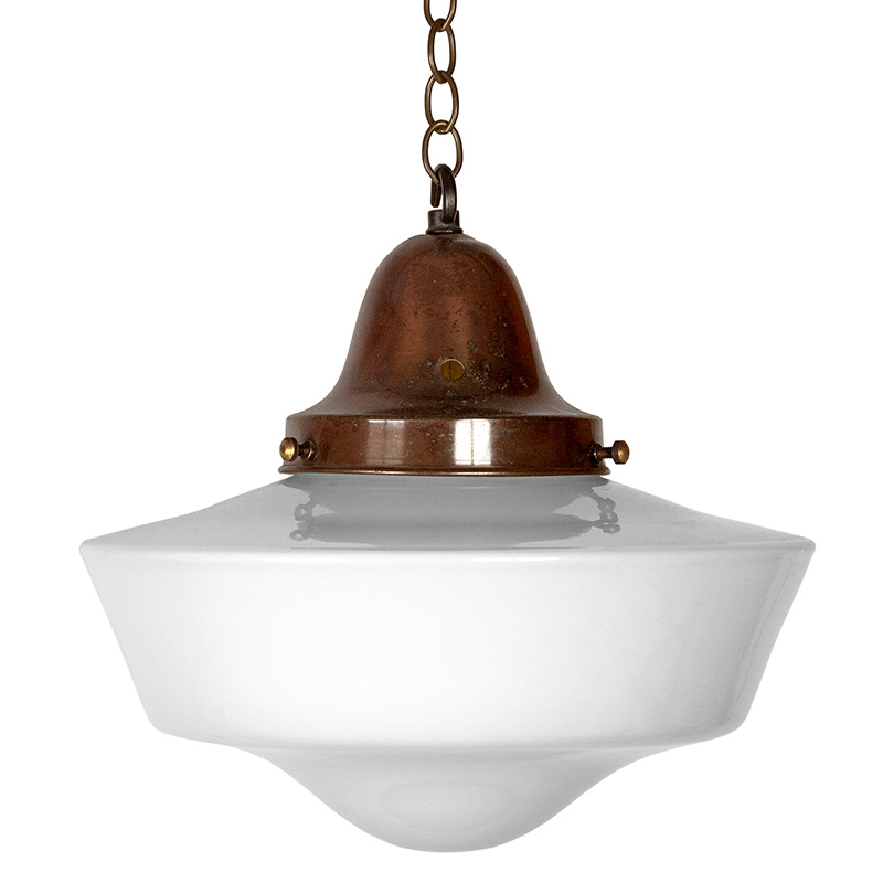 Art Deco Ceiling Pendant Light with Patinated Brass Gallery and Opaline Glass Cover