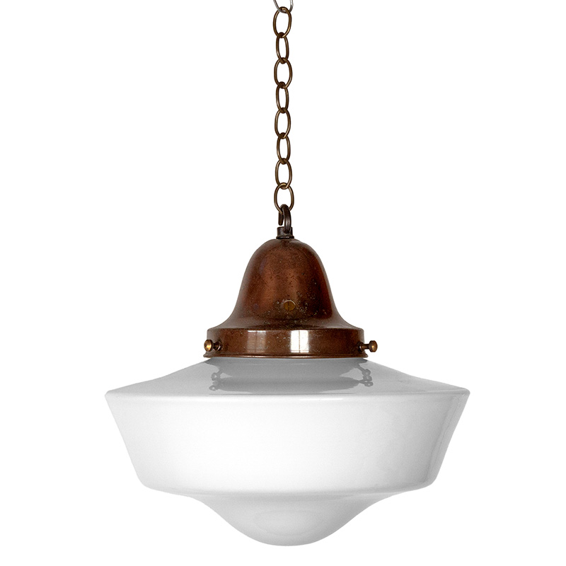Art Deco Ceiling Pendant Light with Patinated Brass Gallery and Opaline Glass Cover