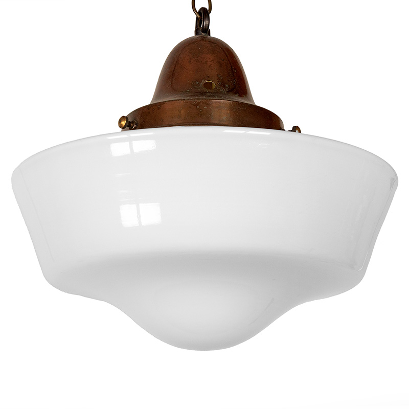 Art Deco Ceiling Pendant Light with Patinated Brass Gallery and Opaline Glass Cover