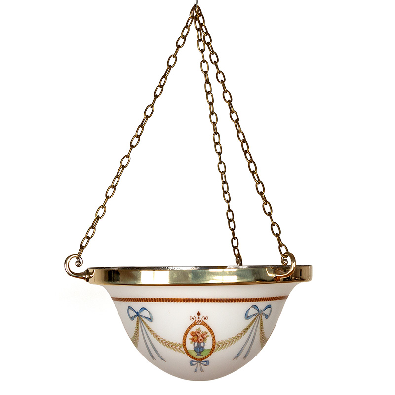 Art Deco Bowl Shaped Glass Ceiling Pendant Decorated with Ribbon Tied Leafy Swags