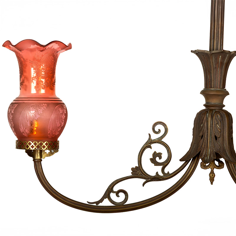 Victorian Brass Converted Gas Ceiling Pendant Light with Cranberry Glass Shades