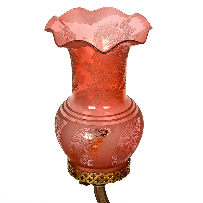 Victorian Brass Converted Gas Ceiling Pendant Light with Cranberry Glass Shades