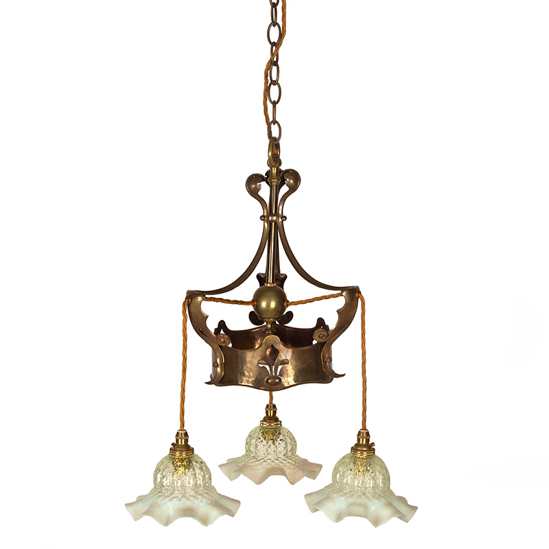 Art Nouveau Patinated Brass Three Arm Ceiling Pendant with Green Vaseline Glass Shade