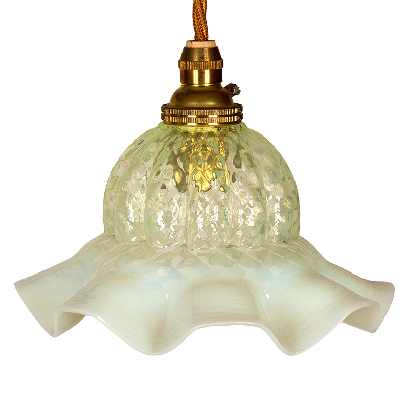 Art Nouveau Patinated Brass Three Arm Ceiling Pendant with Green Vaseline Glass Shade