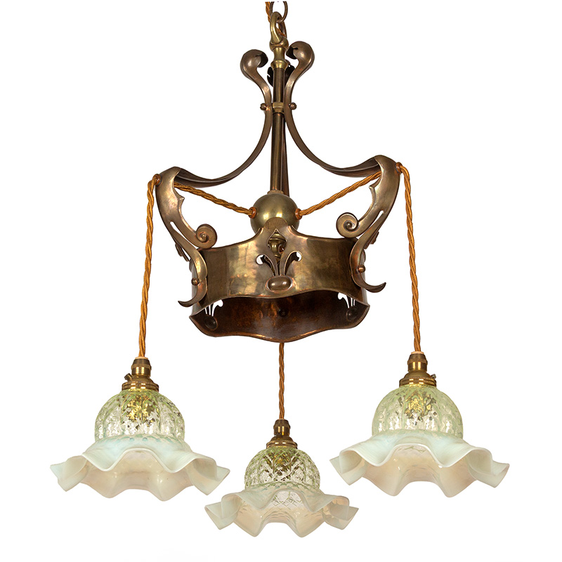 Art Nouveau Patinated Brass Three Arm Ceiling Pendant with Green Vaseline Glass Shade