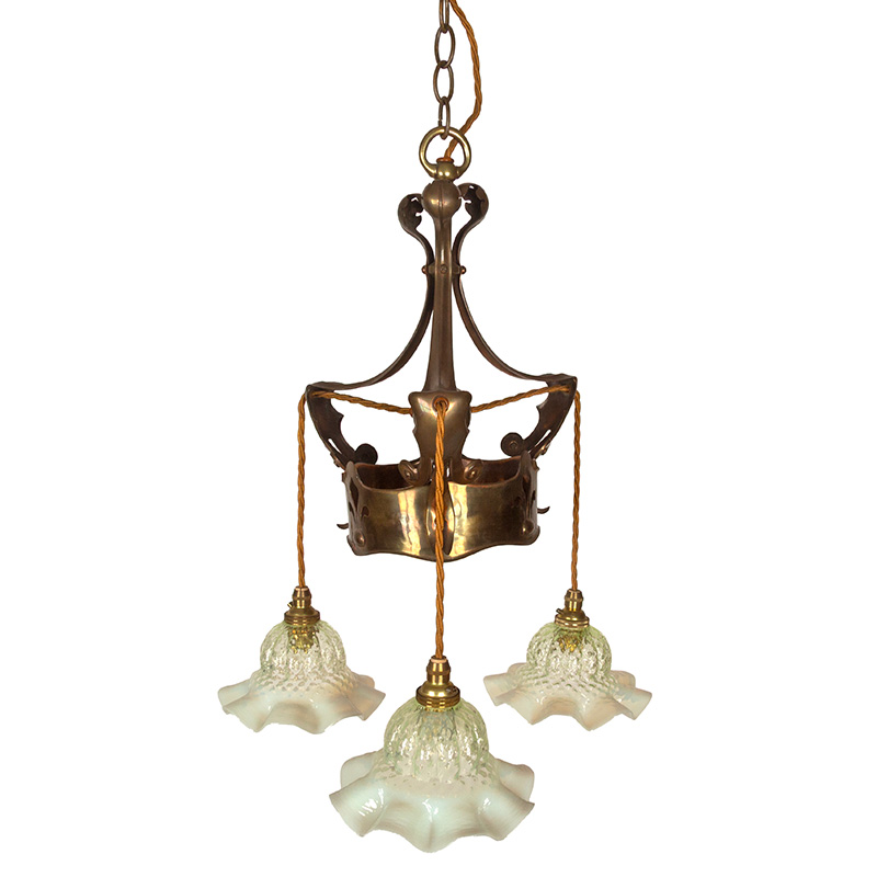 Art Nouveau Patinated Brass Three Arm Ceiling Pendant with Green Vaseline Glass Shade
