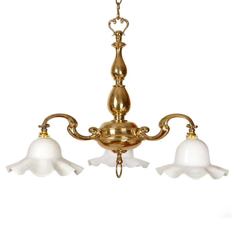 Late Edwardian Cast Brass Ceiling Pendant Light with Bulbous Central Column
