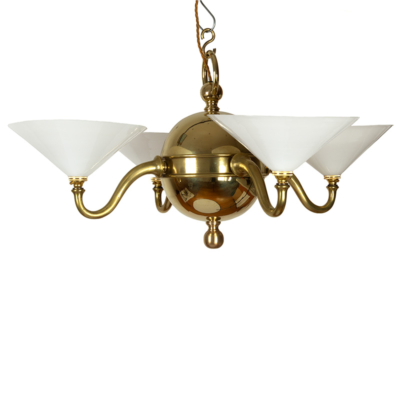 Art Deco Four Arm Ceiling Pendant with Spherical Central Body and Opal Coolie Shaped Shades 