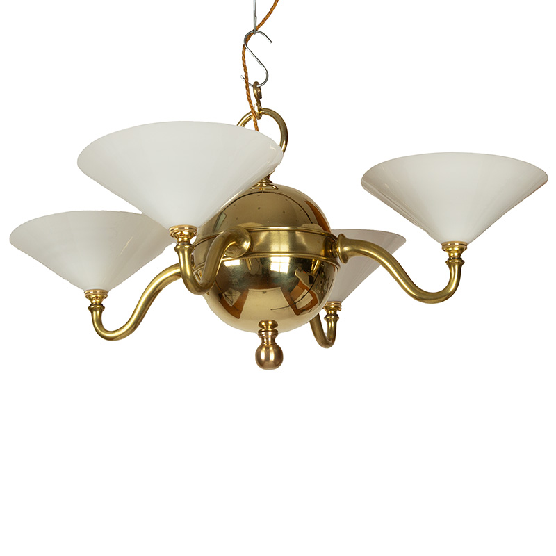 Art Deco Four Arm Ceiling Pendant with Spherical Central Body and Opal Coolie Shaped Shades