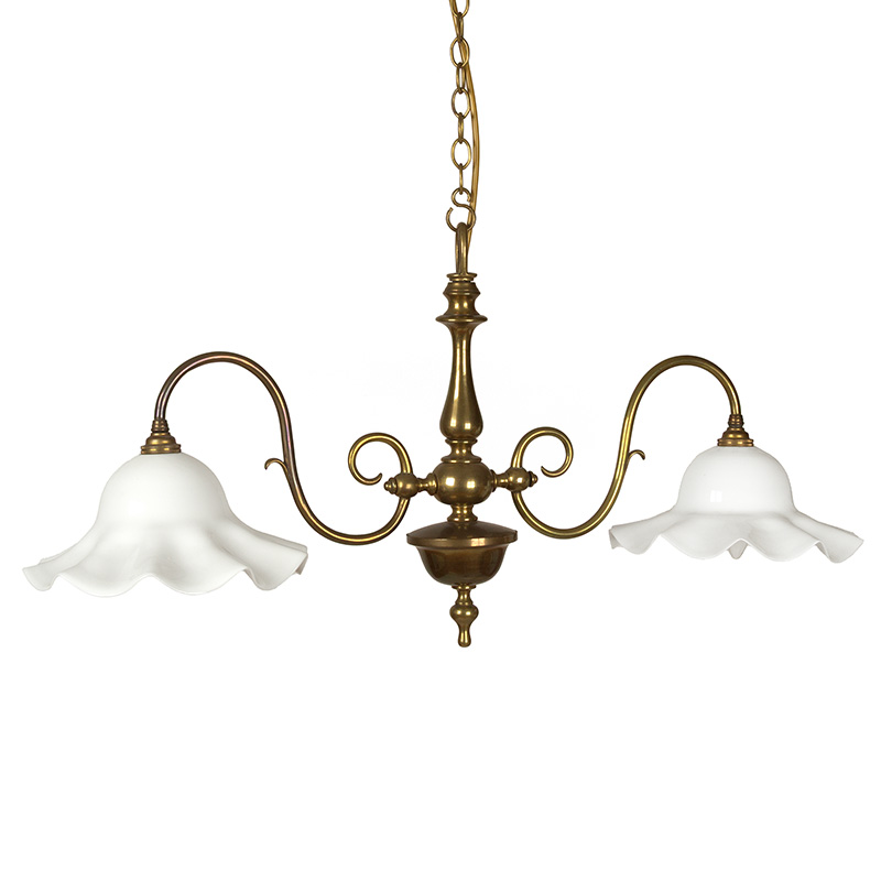 Edwardian Patinated Cast Brass Ceiling Pendant Light with Fluted Opal Glass Shades